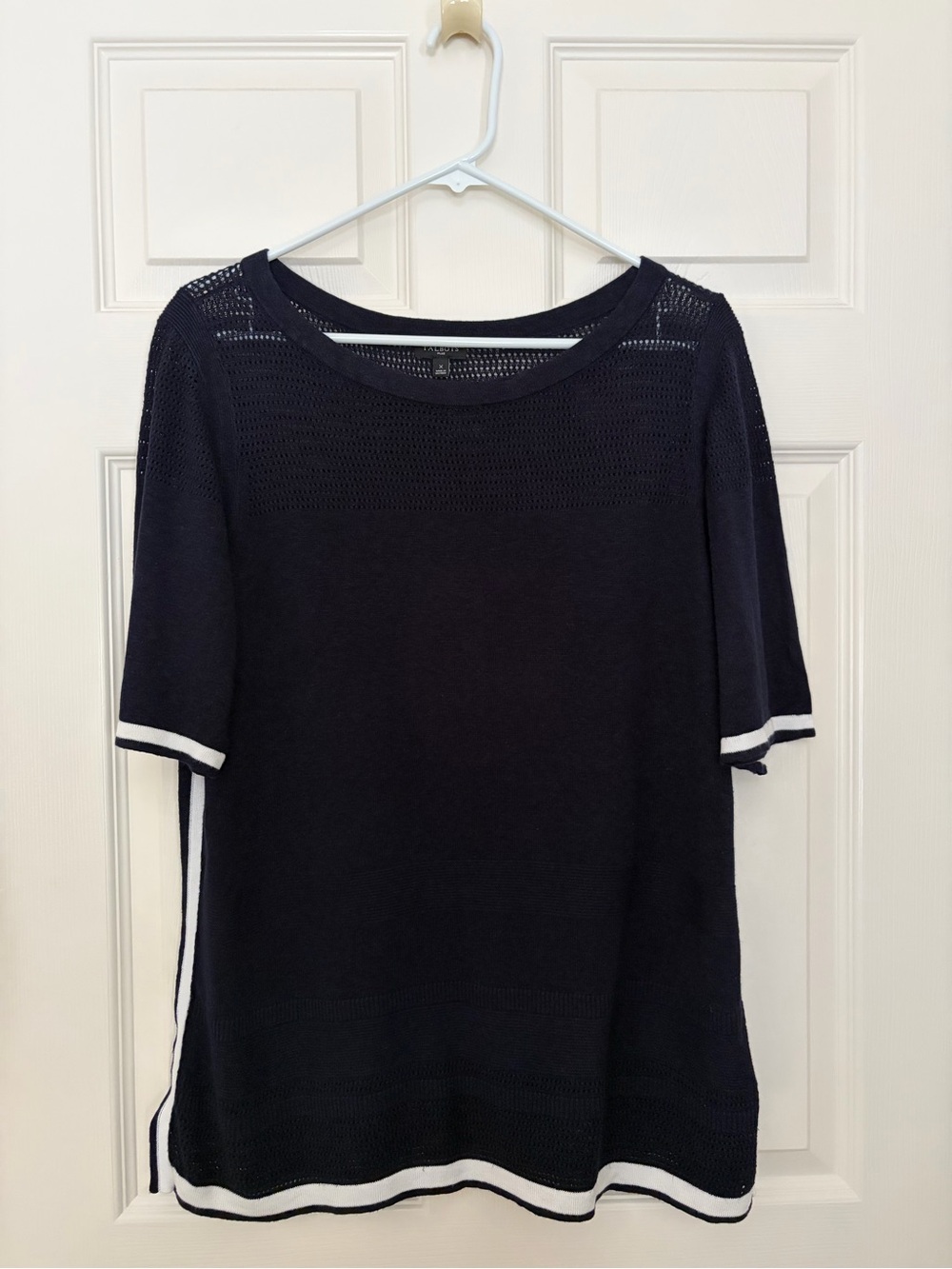 Talbots Navy Blue Short-Sleeve Crewneck Sweater with White Trim